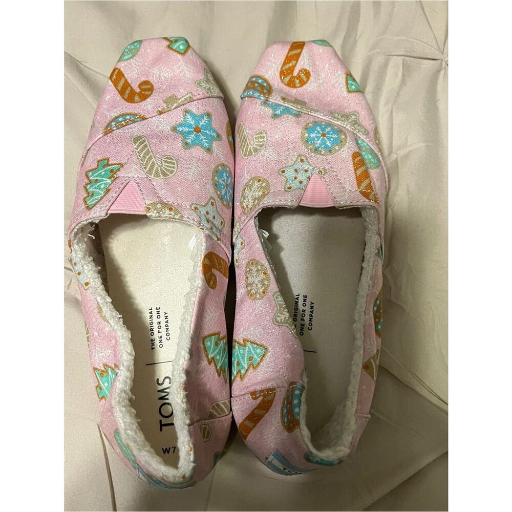TOMS Pink Holiday Cookie Print Slip-Ons